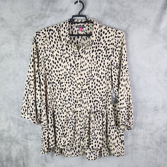 Womens Vince Camuto Leopard Print Blouse Top Button-Down Long Sleeve Size L - Picture 2 of 13